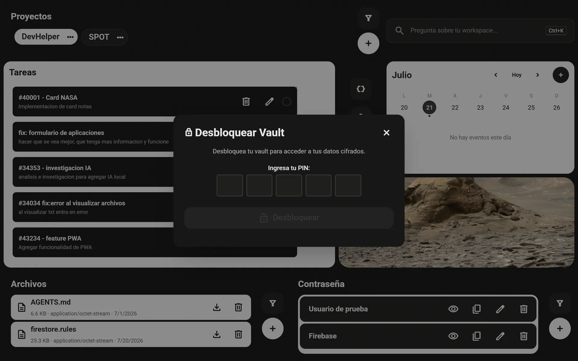 Vista del workspace protegido de DevHelper
